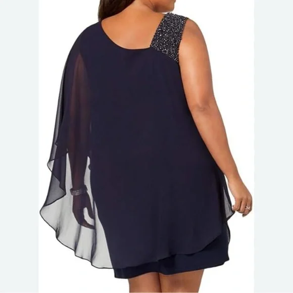 Xscape Women’s Dark Blue One-Shoulder Dress with Embellished Strap Size 18W - Picture 2 of 8